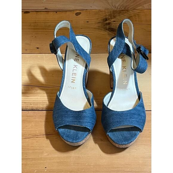 Anne Klein Denim Peep Toe Cork Heels - Women's Size 9M - Picture 3 of 7